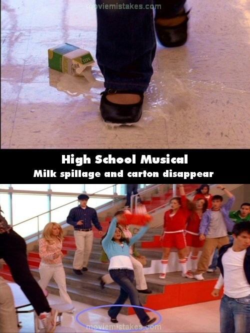 Phim High School Musical, cảnh gần, Gabriella trượt chân do sữa đổ trên sàn nhà, ngoài ra, ở gần đó còn có vỏ hộp sữa bị đổ. Tuy nhiên, ở cảnh xa khán giả thấy trên sàn sạch trơn, hộp sữa cũng biến mất luôn